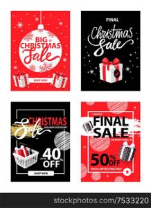 Final Christmas sale, winter exclusive discounts vector. Presents and ball, basket with gift boxes bought in shop with offer to client. Price fall. Final Christmas Sale, Winter Exclusive Discounts