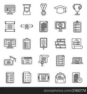 Final exam icons set outline vector. Student college. Final pass. Final exam icons set outline vector. Student college