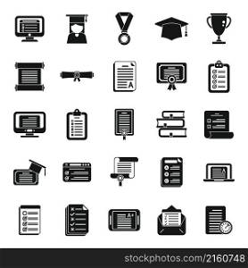 Final exam icons set simple vector. Student college. Final pass. Final exam icons set simple vector. Student college