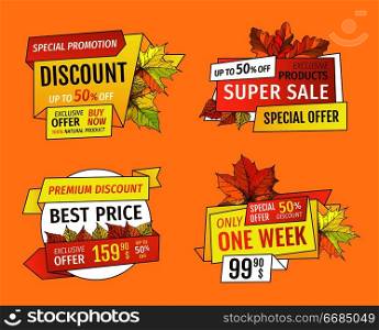 Final or total clearance autumn labels, discounts on thanksgiving day, fall season. Shopping signs with info about sales, price tags vector isolated icons.. Final or Total Clearence Autumn Labels, Discounts