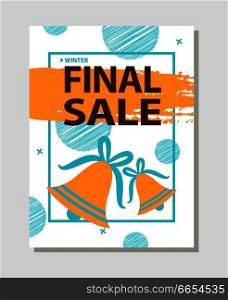 Final sale promo poster with two golden bells on blue ribbons and brush strokes vector illustration poster total discounts concept with dots on background. Final Sale Promo Poster with Two Golden Bells