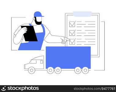 Final truck quality check abstract concept vector illustration. Factory worker testing truck for quality, car manufacturing, cargo production line, automotive industry abstract metaphor.. Final truck quality check abstract concept vector illustration.