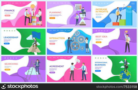 Finance achievements, businessman working set vector. Searching and interaction with workers and partners, best idea agreement, international business. Finance Achievements, Businessman Working Set
