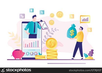Finance advisor on smartphone screen. Businessman with money capital. Invest ideas, financial advice and business consulting, analytics. Bank mobile app. Growth profit and savings. Vector illustration. Finance advisor on smartphone screen. Businessman with money capital. Invest ideas, financial advice and business consulting.