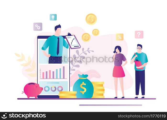 Finance advisor on smartphone screen. Businesspeople investors with money capital. Invest ideas, financial advice and business consulting, analytics. Bank mobile app. Growth profit and savings. Vector. Businesspeople investors with money capital. Invest ideas, financial advice and business consulting, analytics.