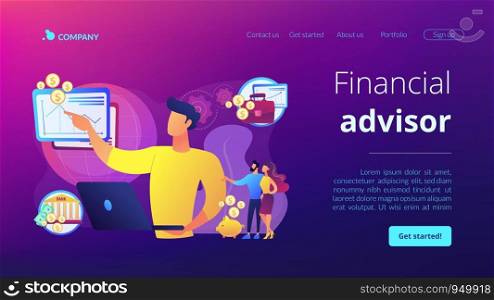Finance analyst. Business strategy and budget planning. Financial adviser, top investment advisors, financial advisory services concept. Website homepage landing web page template.. Financial adviser concept landing page