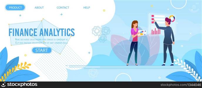 Finance Analytics and Data Research Landing Page. Man and Woman Coworkers Team Performing Business Report. Search Engine Optimization Analysis. Modern Digital Technologies. Vector Flat Illustration. Finance Analytics and Data Research Landing Page