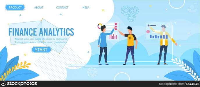 Finance Analytics Design Landing Page Template. Male Analysts Team Perform Digital Marketing Research Using Modern Computer Technology. Investment, Statistic Budget Audit. Vector Flat Illustration. Finance Analytics Design Landing Page Template