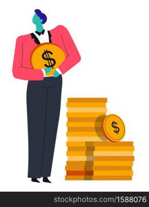 Finance and banking, businessman and coins stack, profit and money isolated character vector. Men in suit, earning and saving money. Entrepreneurship, salary and investment, economy and commerce. Businessman and coins stack, finance and banking, isolated character