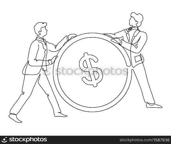 Finance and banking, businessmen and coin, profit and money isolated outline drawing vector. Men in office suit, earning and saving money. Entrepreneurship, salary and investment, economy and commerce. Businessmen with coin, profit and money, finance and banking isolated outline drawing