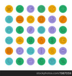 Finance and banking color linear icons set. Vector line art symbols in circles isolated on white. Finance and banking color linear icons set