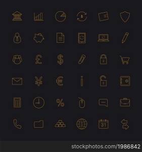 Finance and banking gold linear icons set. Vip customer service. Vector line art. Finance and banking gold linear icons set