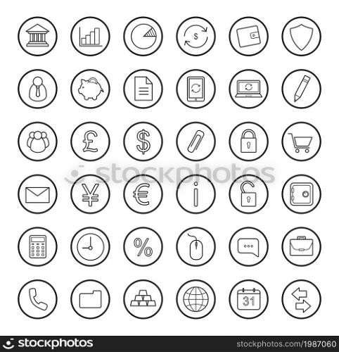 Finance and banking linear icons set. Vector line art symbols isolated on white. Finance and banking linear icons set