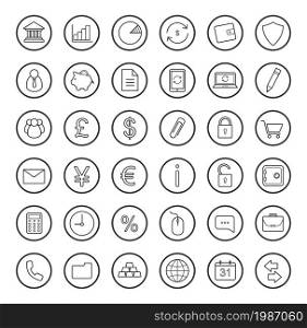 Finance and banking linear icons set. Vector line art symbols isolated on white. Finance and banking linear icons set
