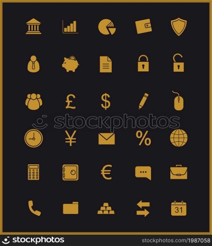 Finance and banking silhouette icons set. Vip customer online service. Gold user interface. Commercial and business website pictograms. Bank and stock market vector golden symbols isolated on black. Finance and banking icons set. Gold