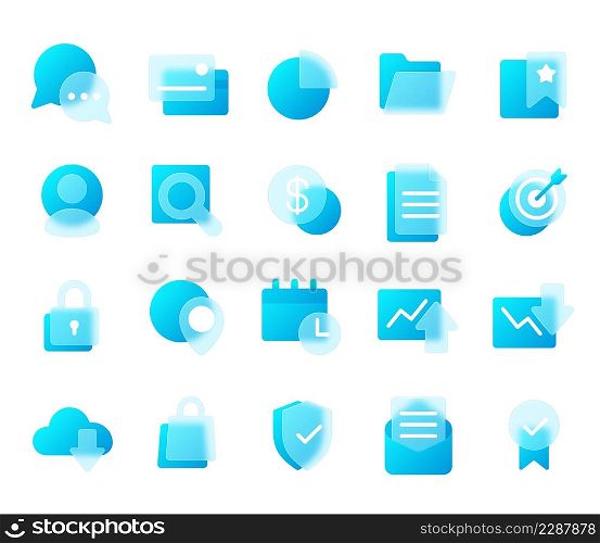 Finance and business glassmorphism style icons with blur effect. Digital marketing strategy transparent frosted glass icon vector set. Illustration of icon business strategy. Finance and business glassmorphism style icons with blur effect. Digital marketing strategy transparent frosted glass icon vector set