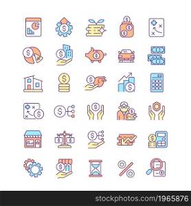 Finance and business RGB color icons set. Money earning and saving. Goal setting and planning. Economic analysis. Business charts. Isolated vector illustrations. Simple filled line drawings collection. Finance and business RGB color icons set