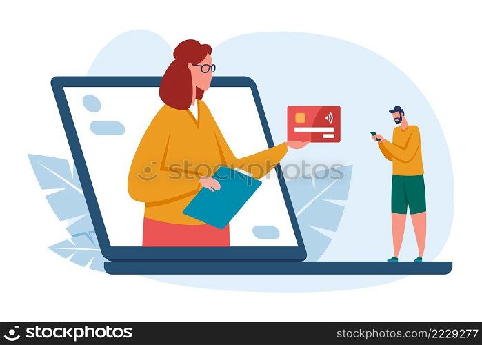 Finance and credit online banking concept. Assistant giving credit card to client from laptop screen. Man doing internet transactions using smartphone. Virtual service vector illustration. Finance and credit online banking concept. Assistant giving credit card to client from laptop screen