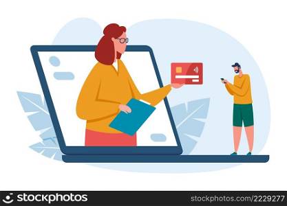 Finance and credit online banking concept. Assistant giving credit card to client from laptop screen. Man doing internet transactions using smartphone. Virtual service vector illustration. Finance and credit online banking concept. Assistant giving credit card to client from laptop screen