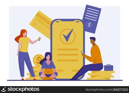 Finance and payment security. People using laptop, smartphones, transferring money flat vector illustration. Online payment, transaction, banking concept for banner, website design or landing web page