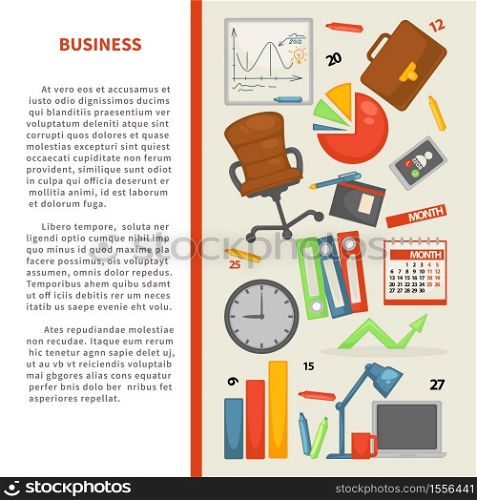 Finance and statistics business graph chart or diagram vector office chair and briefcase smartphone and folders clock and calendar laptop and lamp pencil, and pen analytical data entrepreneurship. Business office equipment finance and statistics graphics or charts