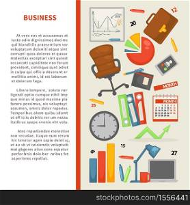 Finance and statistics business graph chart or diagram vector office chair and briefcase smartphone and folders clock and calendar laptop and lamp pencil, and pen analytical data entrepreneurship. Business office equipment finance and statistics graphics or charts