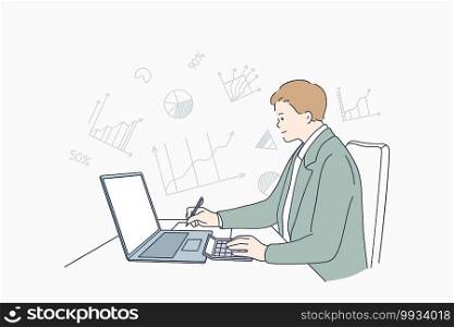Finance and tax counting system concept. Young accounting businessmen cartoon character sitting and calculating incomes expenditure analyzing investment data statistics vector illustration. Finance and tax counting system concept