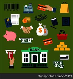 Finance, banking and shopping icons with dollar bills and coins, credit card, money bags and handshake, calculator, shopping basket, bag, piggy bank, safe, bank, gold bars, cash register and atm slot. Business, finance, banking and shopping flat icons