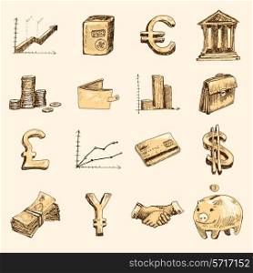 Finance banking business money exchange market trading doodle gold icons set isolated vector illustration