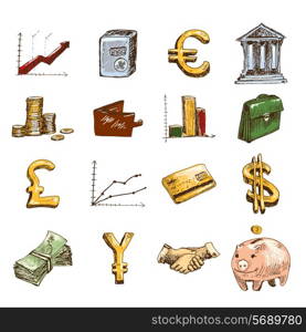 Finance banking business money exchange sketch colored icons set isolated vector illustration