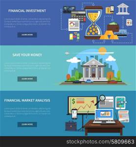 Finance banner horizontal set with financial investment and market analysis flat elements isolated vector illustration. Finance Banner Horizontal Set