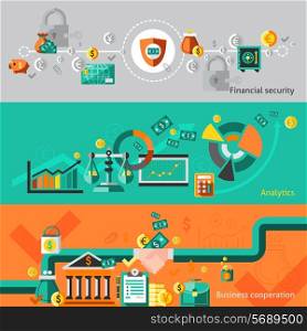 Finance banner set with financial security analytic business cooperation isolated vector illustration