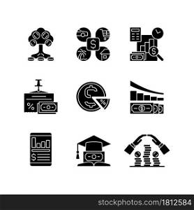 Finance black glyph icons set on white space. Money investment. Business report. Project revenue. Financial literacy. Understanding economy. Silhouette symbols. Vector isolated illustration. Finance black glyph icons set on white space