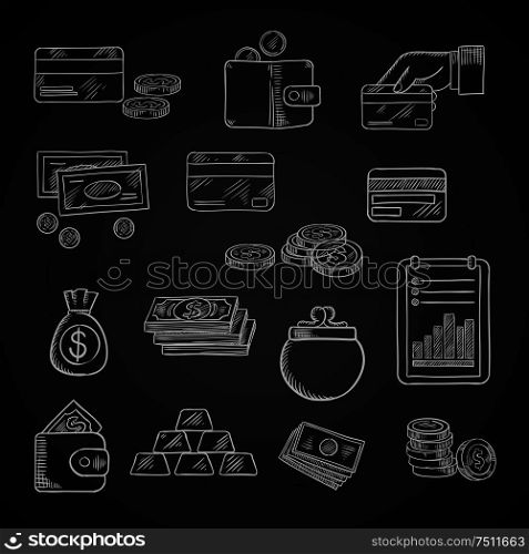Finance, business and money chalk icons of dollar bills and golden coins, stack of gold bars, wallet, money bag, bank credit cards and financial report on blackboard. Finance, business and money chalk icons