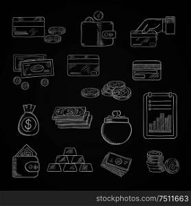 Finance, business and money chalk icons of dollar bills and golden coins, stack of gold bars, wallet, money bag, bank credit cards and financial report on blackboard. Finance, business and money chalk icons