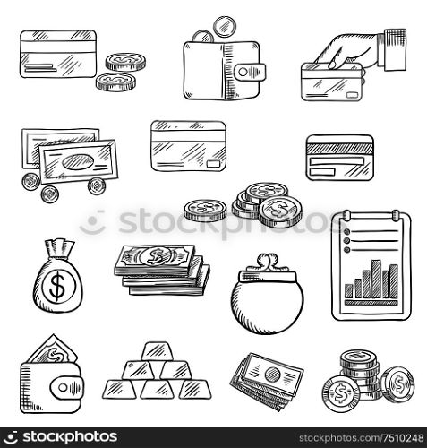 Finance, business and money flat icons of dollar bills and golden coins, stack of gold bars, wallet, money bag, bank credit cards and financial report. Finance, business and money icons sketches