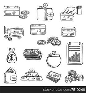 Finance, business and money flat icons of dollar bills and golden coins, stack of gold bars, wallet, money bag, bank credit cards and financial report. Finance, business and money icons sketches