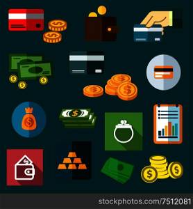Finance, business and money flat icons of dollar bills and golden coins, stack of gold bars, wallet, money bag, bank credit cards and financial report . Finance, business and money flat icons