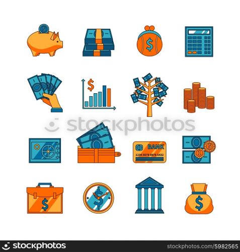 Finance business flat icons set . Electronic and traditional methods of money saving deposit and transfer flat icons set abstract vector isolated illustration