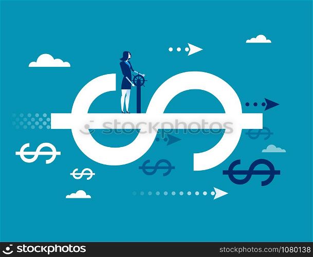 Finance. Businesswoman driving on dollar sign, Concept business finance success vector illustration. flat ideas design.