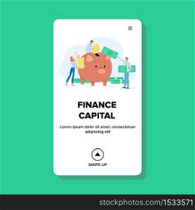 Finance Capital And Collective Investment Vector. Businessman And Businesswoman Adding Money To Piggy Bank Corporate Finance Capital. Characters Business Partner Profit Web Cartoon Illustration. Finance Capital And Collective Investment Vector