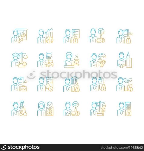 Finance careers and jobs gradient linear vector icons set. Management and accounting specialists. Business field employees. Thin line contour symbols bundle. Isolated outline illustrations collection. Finance careers and jobs gradient linear vector icons set