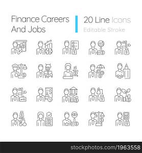 Finance careers and jobs linear icons set. Management and accounting experts. Business field employees. Customizable thin line contour symbols. Isolated vector outline illustrations. Editable stroke. Finance careers and jobs linear icons set