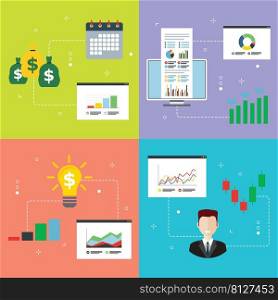Finance, chart, business, investment and money icons. Concepts of financial profitability, financial application, expertise investment and stock market investor. Flat design icons in vector illustration.