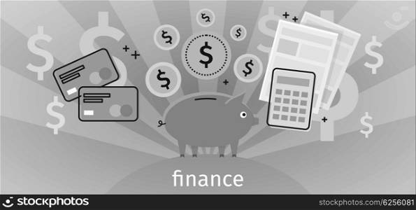 Finance Concept Banner Design Flat. Finance concept banner design flat. Pig piggy bank with gold dollar coins. Financial documents credit card calculator. Conceptual monochrome banner with finances to pay for items. Vector illustration