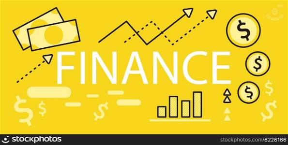 Finance Concept Banner Design Flat. Finance concept banner design flat. Bank with gold dollar coins. Financial documents and credit card calculator. Conceptual banner with finances to pay for items. Vector illustration