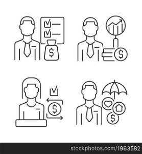 Finance consulting linear icons set. Financial analytics and planning. Customer service specialists. Customizable thin line contour symbols. Isolated vector outline illustrations. Editable stroke. Finance consulting linear icons set
