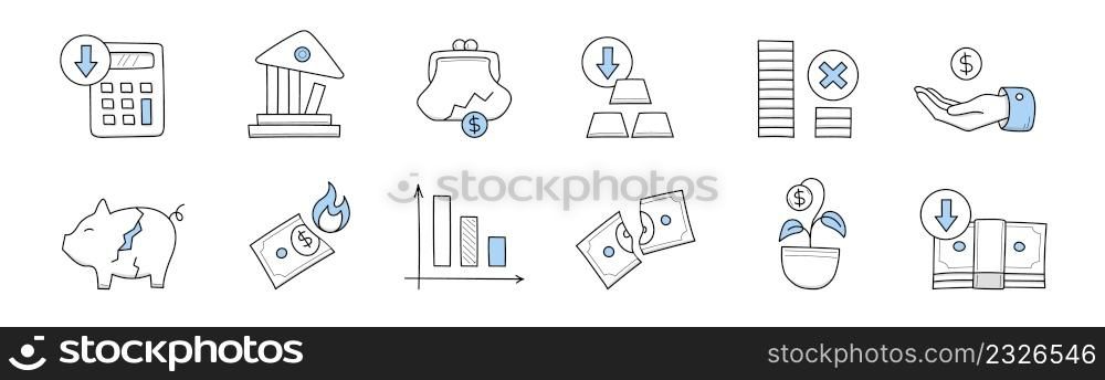 Finance crisis, money loss doodle icons calculator, broken bank building, purse with dollar coin, gold bars, broken piggy bank, burning currency bill, withered money tree, Line art vector illustration. Finance crisis, money loss doodle icons collection