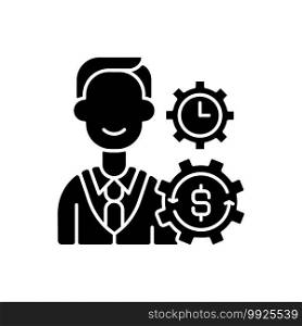 Finance department black glyph icon. Acquiring funds for company. Financial planning. Incoming and outgoing cash flows control. Silhouette symbol on white space. Vector isolated illustration. Finance department black glyph icon