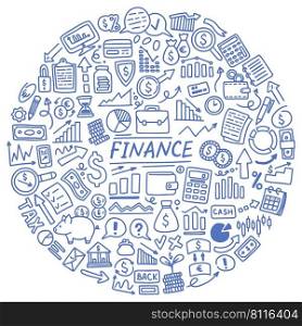 Finance doodle set blue color vector illustration
